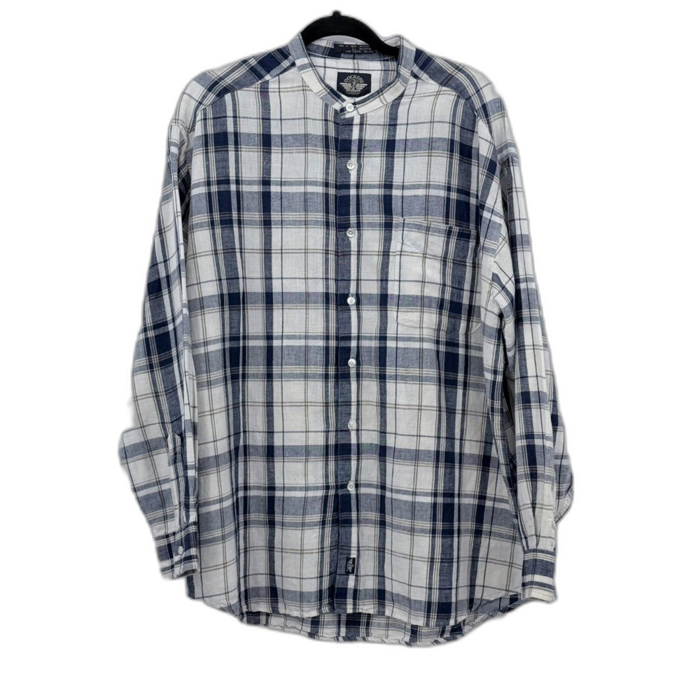 Dockers Blue White Plaid Linen Cotton L Button Down Long Sleeve Mandarin Shirt